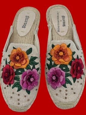Soludos x Anthropologie Bahia Floral Espadrille Jute Mules Size 6.5 Boho Shoes